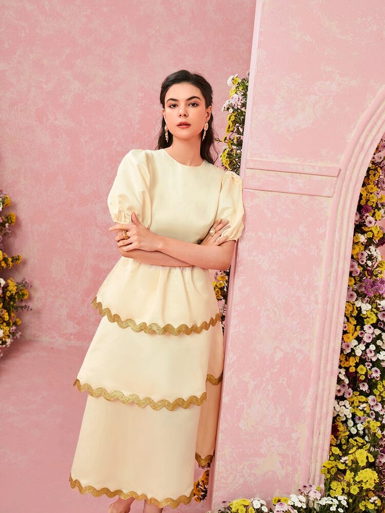 Modelyn Vestido de color combinado de manga farol bajo a capas - Amarillo - Añade 3