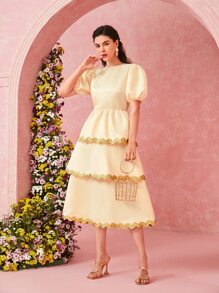 Modelyn Vestido de color combinado de manga farol bajo a capas - Amarillo - Ver 5