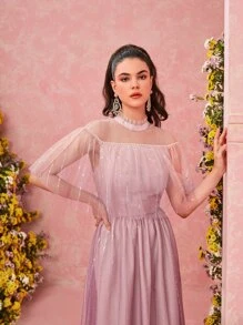 Mulvari 梨細節網紗連衣裙 - 藕粉色 - 查看 4