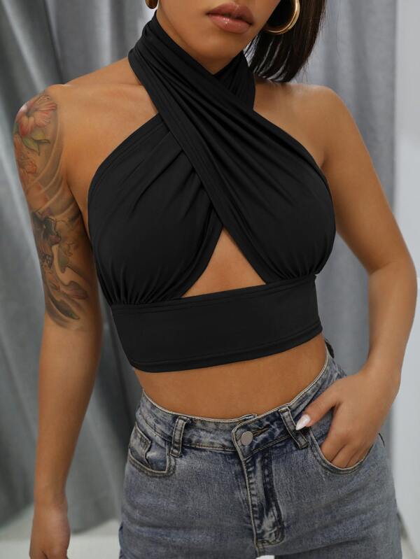 RueChic Solid Cross Crop Halter Top