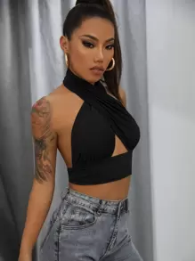 SHEIN BAE Solid Cross Crop Halter Top - Black - View 4