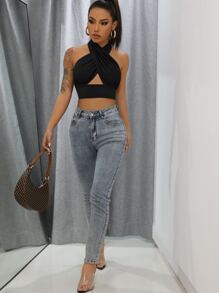 SHEIN BAE Solid Cross Crop Halter Top - Black - View 5
