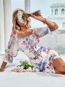 Aveloria Floral Print Flounce Sleeve Knot Front Dress