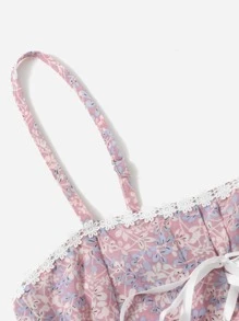 ROMWE Ditsy Floral Lace Up Shirred Cami - Multicolor - View 3