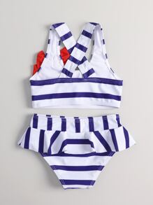Young Girl Striped Bow Front Bikini Set Summer Beach - Blue and White - View 2