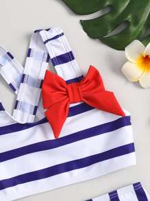Young Girl Striped Bow Front Bikini Set Summer Beach - Blue and White - View 3