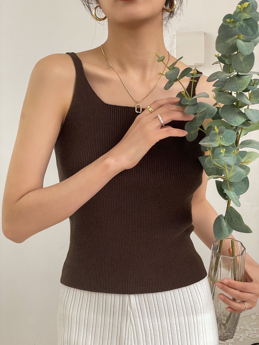 DAZY 羅紋針織素色針織上衣 - 棕色 - 查看 1