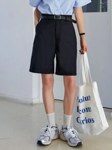 DAZY 實色斜口袋短褲(無腰帶) - 黑色 - 查看 1