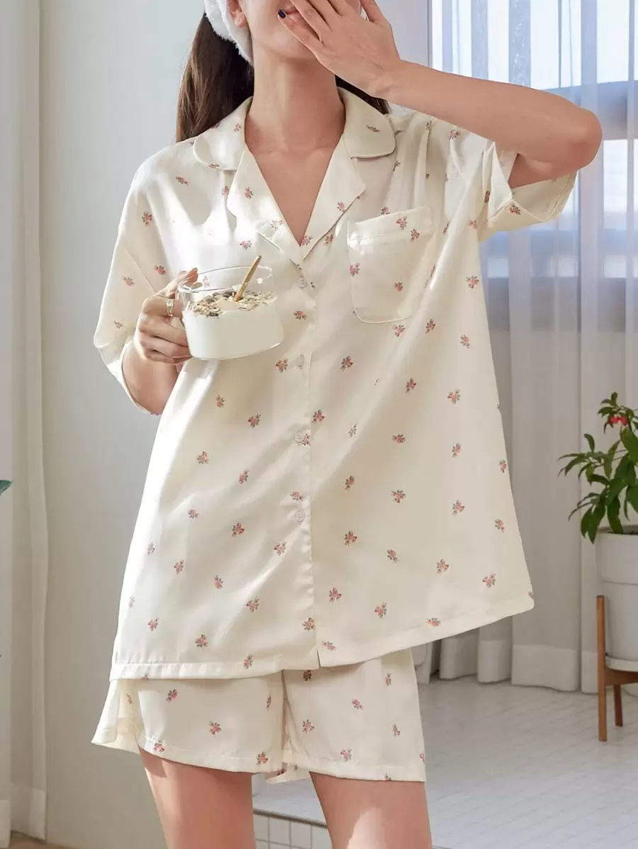 DAZY Floral Print Patched Pocket Blouse & Shorts Pj Set - Apricot - View 1