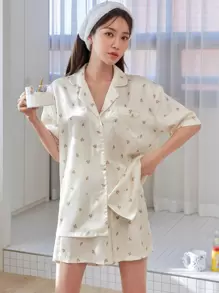 DAZY Floral Print Patched Pocket Blouse & Shorts Pj Set - Apricot - View 3