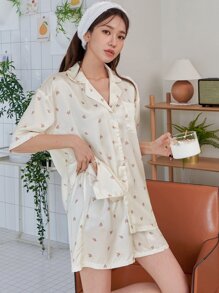 DAZY Floral Print Patched Pocket Blouse & Shorts Pj Set - Apricot - View 4