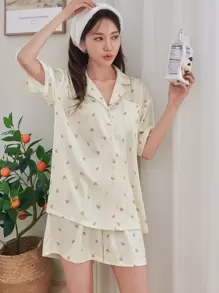 DAZY Floral Print Patched Pocket Blouse & Shorts Pj Set - Apricot - View 5