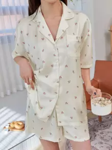 DAZY Floral Print Patched Pocket Blouse & Shorts Pj Set - Apricot - View 7