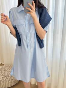 DAZY 前紐扣翻蓋口袋襯衫連衣裙無毛衣 - 藍色 - 查看 1