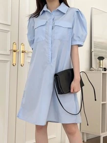 DAZY 前紐扣翻蓋口袋襯衫連衣裙無毛衣 - 藍色 - 查看 3