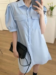 DAZY 前紐扣翻蓋口袋襯衫連衣裙無毛衣 - 藍色 - 查看 5