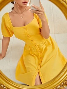 SHEIN Button Up Scoop Neck Puff Sleeve Dress - Yellow - View 1