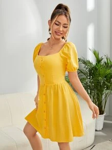SHEIN Button Up Scoop Neck Puff Sleeve Dress - Yellow - View 3