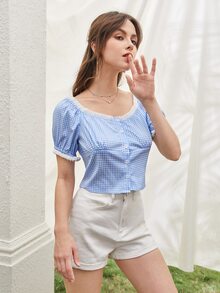 Gingham Off Shoulder Frill Trim Blouse - Blue and White - View 3