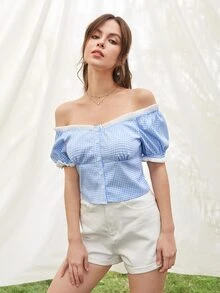Gingham Off Shoulder Frill Trim Blouse - Blue and White - View 4