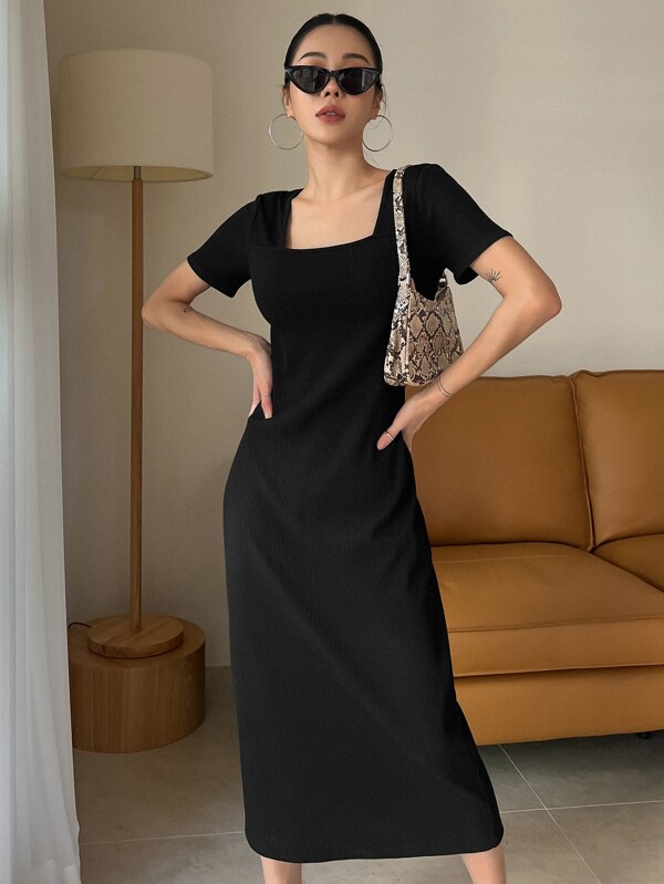 DAZY Square Neck Rib-Knit Dress Elegant Sundress