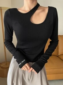 DAZY Letter Graphic Cut Out Rib-Knit Tee Going Out Tops Festival,Fall Clothes,Back To School Clothes Long Sleeve Women Tops - Black - View 3