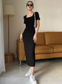 DAZY Square Neck Rib-Knit Dress Elegant Sundress