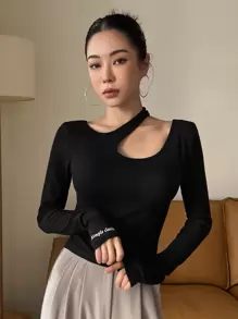 DAZY Letter Graphic Cut Out Rib-Knit Tee Going Out Tops Festival,Fall Clothes,Back To School Clothes Long Sleeve Women Tops - Black - View 5