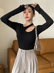 DAZY Letter Graphic Cut Out Rib-Knit Tee Going Out Tops Festival,Fall Clothes,Back To School Clothes Long Sleeve Women Tops - Black - View 4