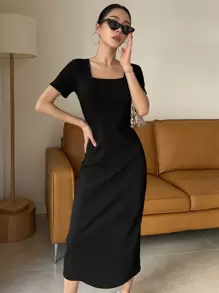 DAZY Square Neck Rib-Knit Dress Elegant Sundress