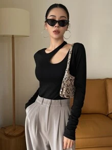 DAZY Letter Graphic Cut Out Rib-Knit Tee Going Out Tops Festival,Fall Clothes,Back To School Clothes Long Sleeve Women Tops - Black - View 1