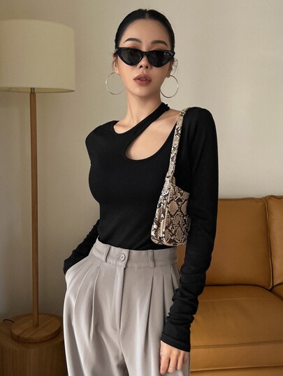 DAZY Letter Graphic Cut Out Rib-Knit Tee Going Out Tops Festival,Fall Clothes,Back To School Clothes Long Sleeve Women Tops