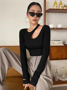 DAZY Letter Graphic Cut Out Rib-Knit Tee Going Out Tops Festival,Fall Clothes,Back To School Clothes Long Sleeve Women Tops - Black - View 6