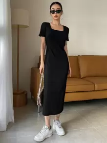 DAZY Square Neck Rib-Knit Dress Elegant Sundress