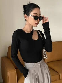 DAZY Letter Graphic Cut Out Rib-Knit Tee Going Out Tops Festival,Fall Clothes,Back To School Clothes Long Sleeve Women Tops - Black - View 7