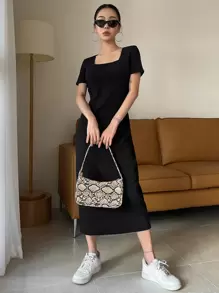 DAZY Square Neck Rib-Knit Dress Elegant Sundress