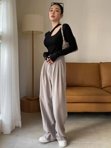 DAZY Letter Graphic Cut Out Rib-Knit Tee Going Out Tops Festival,Fall Clothes,Back To School Clothes Long Sleeve Women Tops - Black - View 8