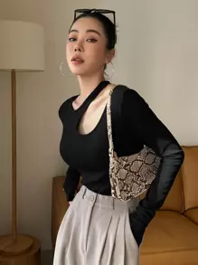 DAZY Letter Graphic Cut Out Rib-Knit Tee Going Out Tops Festival,Fall Clothes,Back To School Clothes Long Sleeve Women Tops - Black - View 9