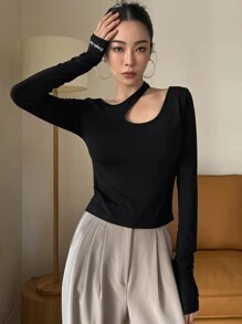 DAZY Letter Graphic Cut Out Rib-Knit Tee Going Out Tops Festival,Fall Clothes,Back To School Clothes Long Sleeve Women Tops - Black - View 10