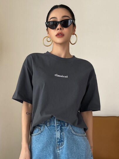 T-shirt col rond avec graphique lettres, style preppy d'été