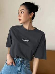 DAZY Letter Graphic Crew Neck Tee Summer Preppy Tops