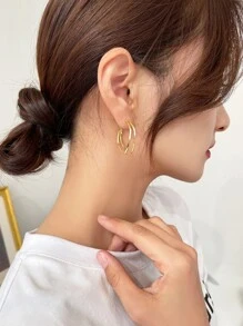 DAZY 極簡風格幾何圓耳環 - 金黃色 - 查看 7