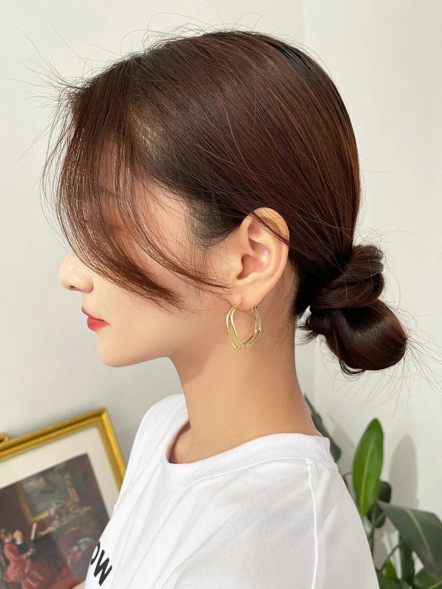 DAZY 極簡風格幾何圓耳環 - 金黃色 - 查看 1