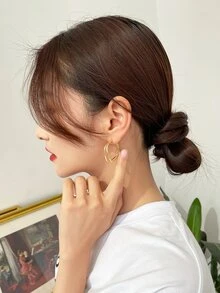 DAZY 極簡風格幾何圓耳環 - 金黃色 - 查看 2