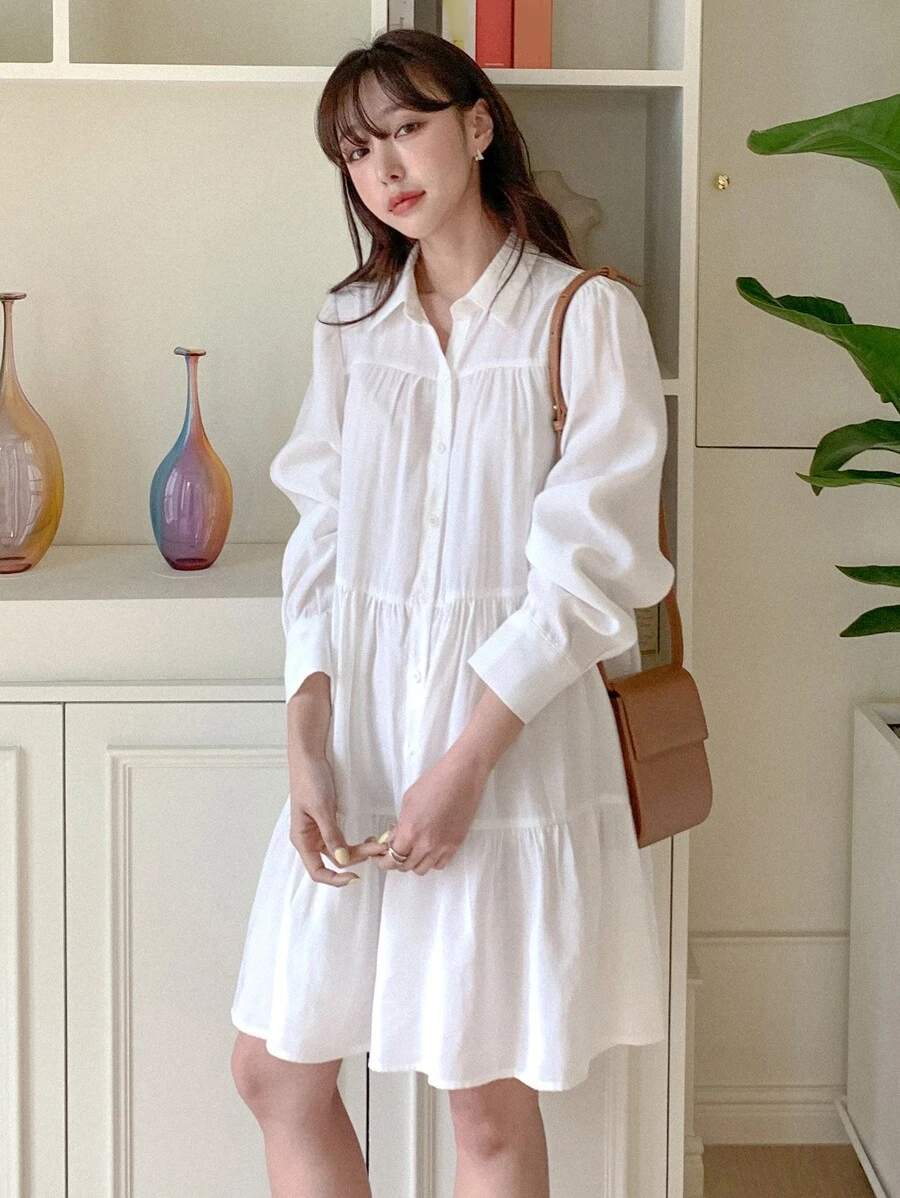 DAZY Women's Solid Color Long Sleeve Ruched Single-Breasted Mini Dress, Back To School Occasion,Ruffle Shirt Dress,Fall Dress