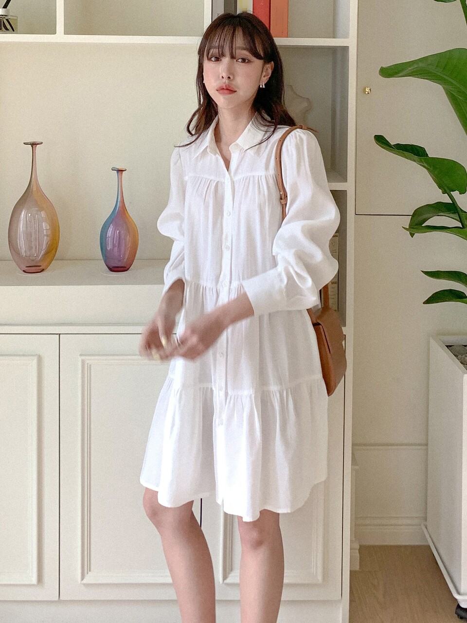 Women's Solid Color Long Sleeve Ruched Single-Breasted Mini Dress, Back To School Occasion,Ruffle Shirt Dress,Fall Dress
