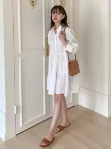 DAZY Women's Solid Color Long Sleeve Ruched Single-Breasted Mini Dress, Back To School Occasion,Ruffle Shirt Dress,Fall Dress