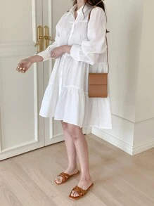 DAZY Women's Solid Color Long Sleeve Ruched Single-Breasted Mini Dress, Back To School Occasion,Ruffle Shirt Dress,Fall Dress