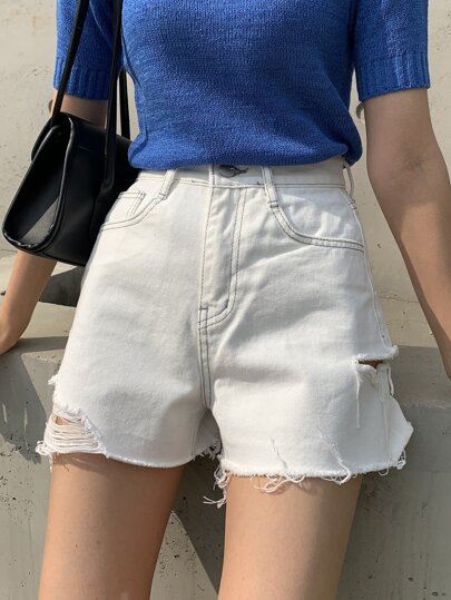 DAZY Solid Ripped Raw Hem Shorts,Back To School Clothes Jeans Skirt