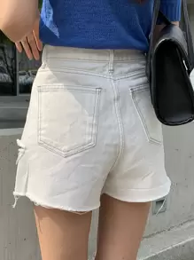 DAZY 纯色破洞毛边短裤，返校服牛仔裙 - 白色 - 查看 2